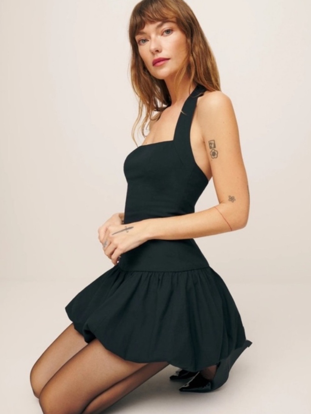 NWT REFORMATION BLACK MINI DRESS W/ DROP WAIST BUBBLE HEM